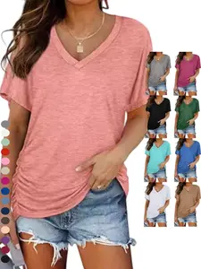 2026 Womens Short Sleeve V Neck Dolman Tops with Side Shirring Loose Fit Shirts SpringStatements