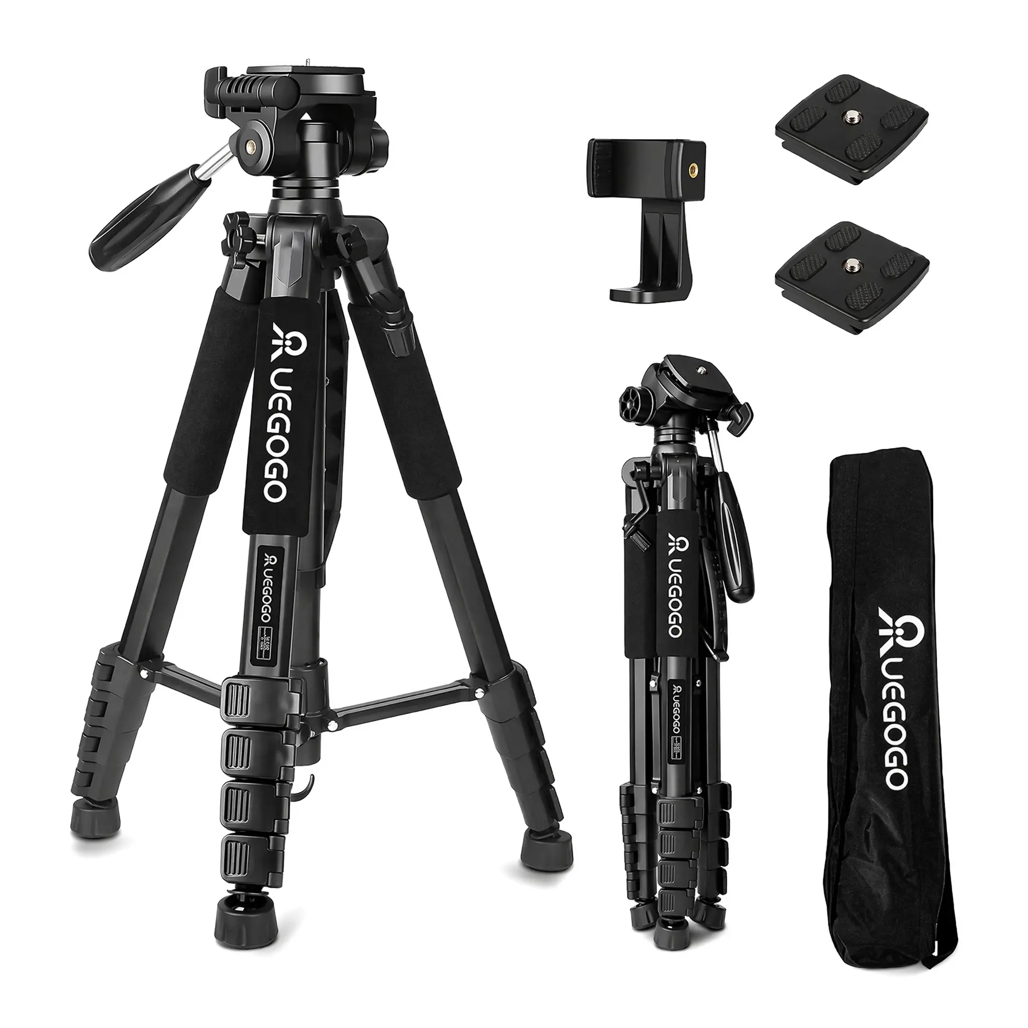74-Inch Heavy Duty Aluminum Tripod Stand, 360° Panoramic Ball Head with Phone Holder & Travel Bag, 8.8LB Max Load Photography Camera Accessories for DSLR, Camcorder, Smartphone, GoPro (Black)
