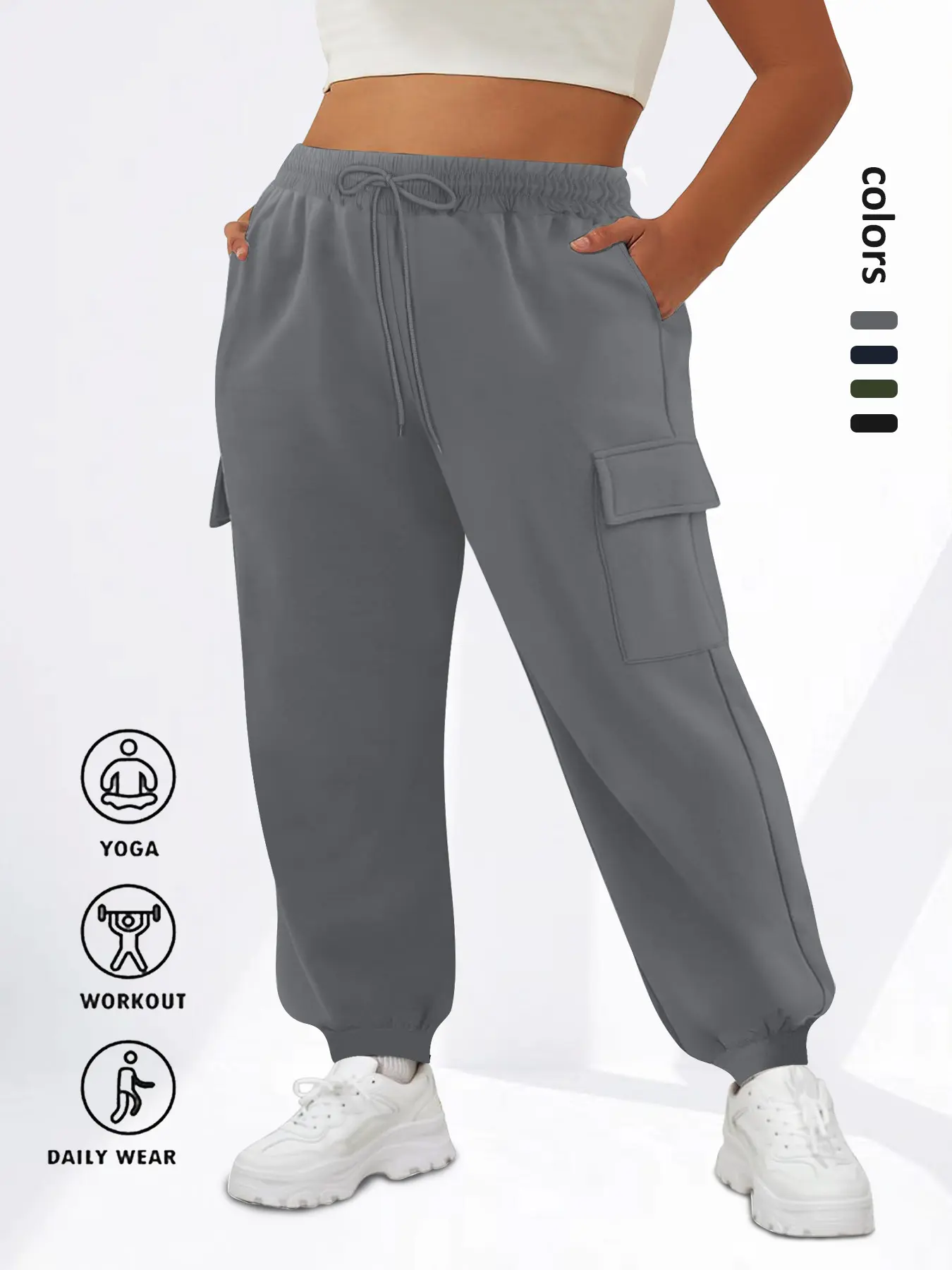 Women's Plus Size Adjustable Elastic Waist Drawstring Pants, Casual Pocket Trousers, Basic Style, Pocket Design, Polyester Stretchy Fabric, Comfortable Fit All Season Wear, Everyday, Casual Comfy Trousers