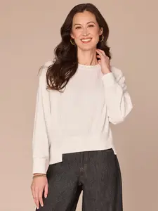 Long Sleeve Scoop Neck Embroidered Pearl Mixed Media Petite Knit Top