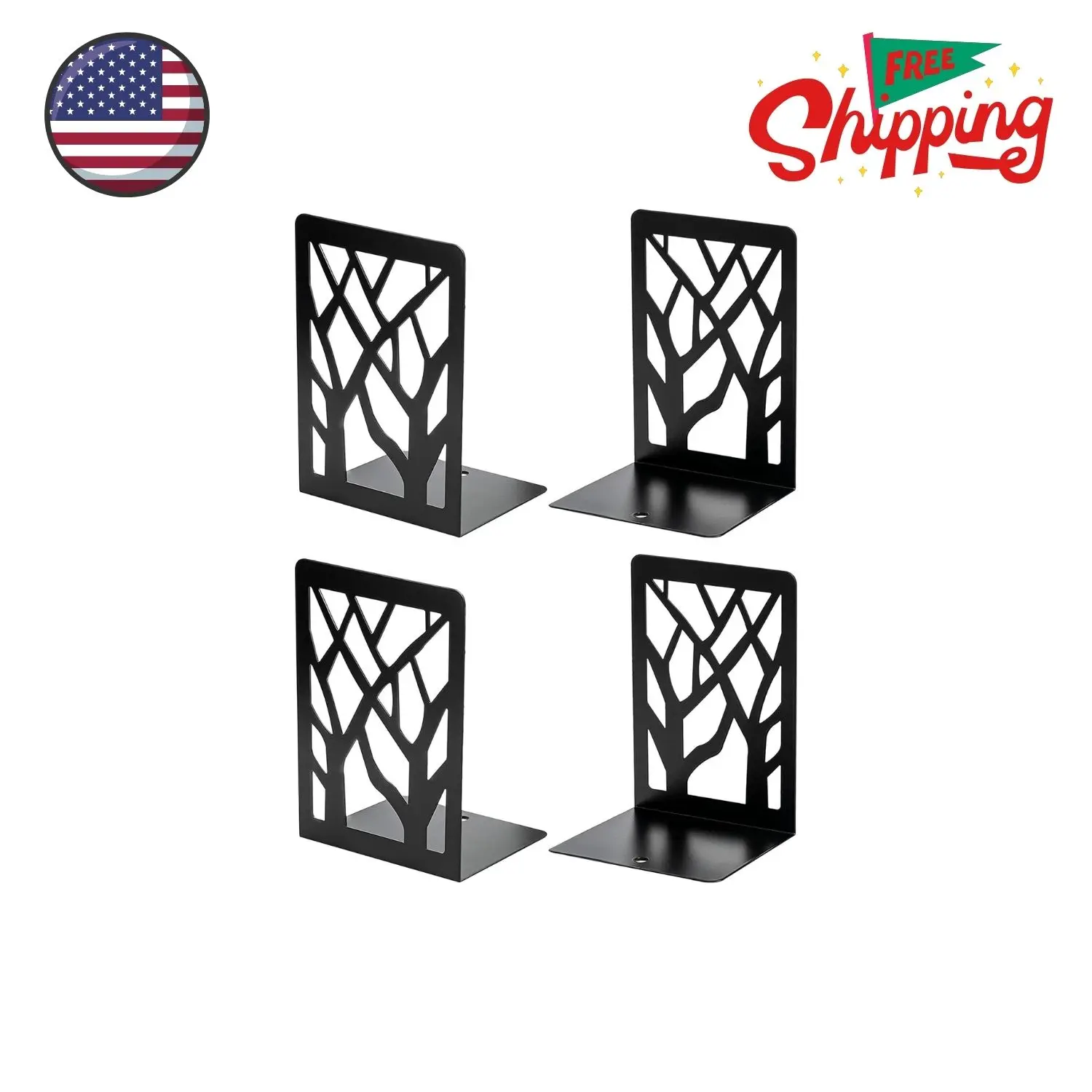 Book Ends Tree Design Modern Bookends for Shelves Black,2 Pair/4 Pieces