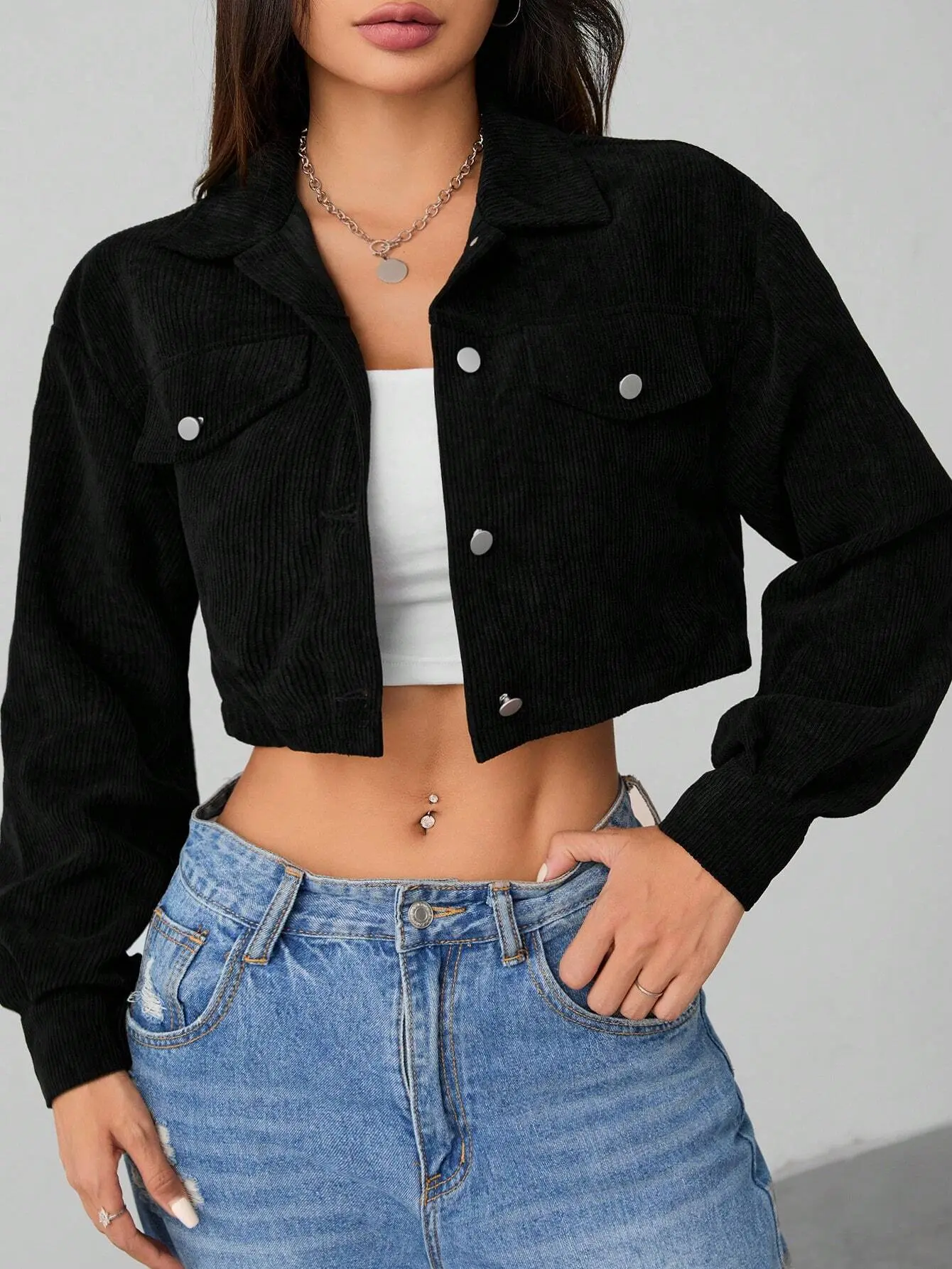 SNOBBISH Drop Shoulder Flap Detail Crop Corduroy Black Jacket Spring Outfits Fall Winter Fashion Women's Trendy Outerwear