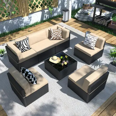 [2/3 packages shipping] AECOJOY 7 Pieces Outdoor Patio Furniture Set, Outdoor Sectional Conversation Furniture Chair with Coffee Table,Patio Sectional for Garden,Backyard