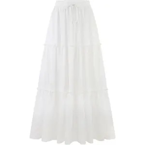 Women's Summer Maxi Skirt Trendy High Waist Pleated Ruffle Long Skirts Flowy Beach Boho Skirt Dress with Pockets