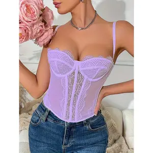 Women'S Purple Lace Corset with Ribbon Detail - Sexy, Medium Support, Polyester, No Padding, Adult, Fashion Corset|   Ribbon Accent Corset|   Smooth Texture