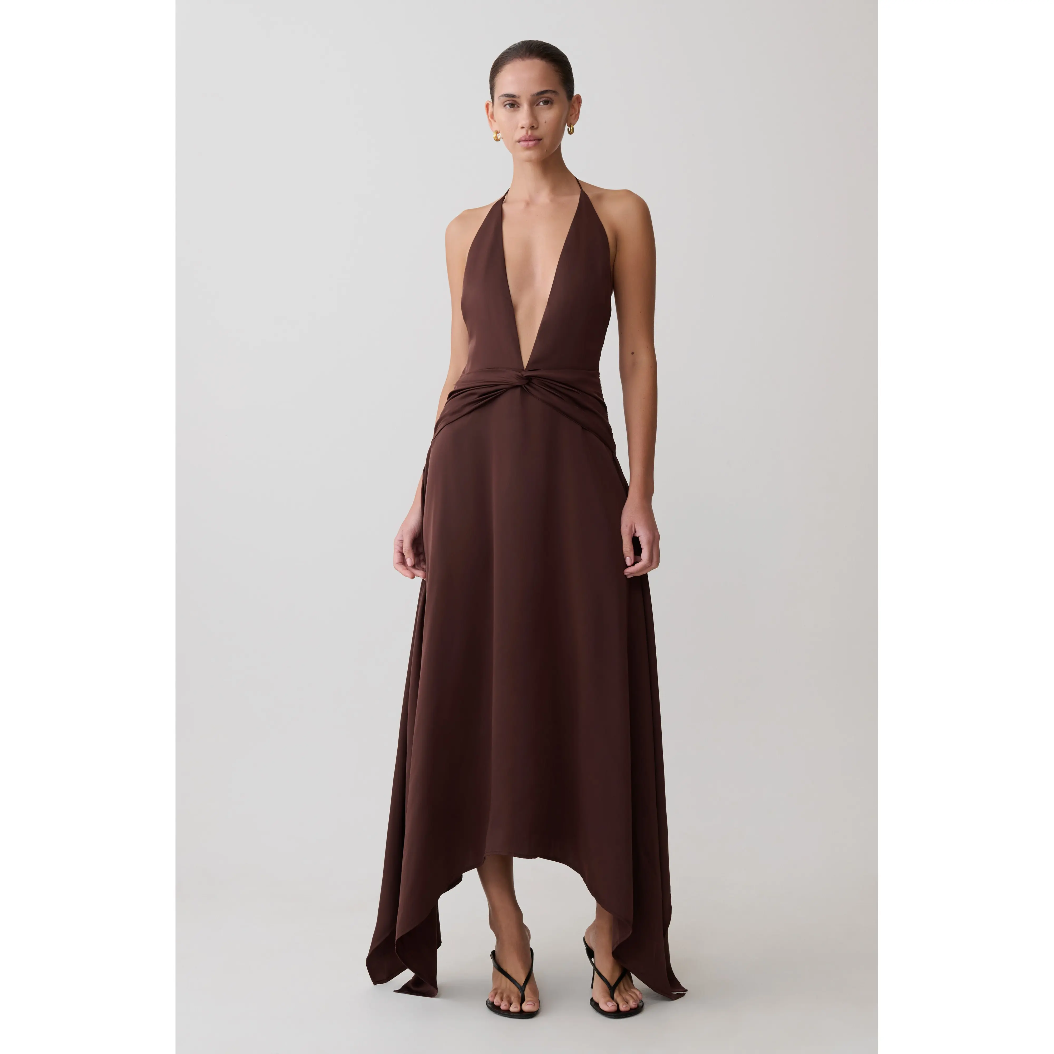 Cyra Plunge Satin Midi Dress - Dark Chocolate
