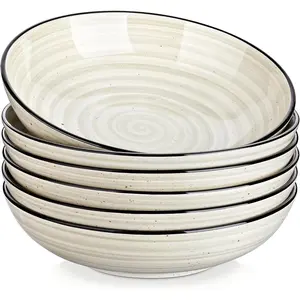 Bonbon Pasta Bowls Set of 6, 38 Oz Ceramic Salad Bowls, Wide and Shallow Bowls Set, Large Serving Bowls for Kitchen, Beige
