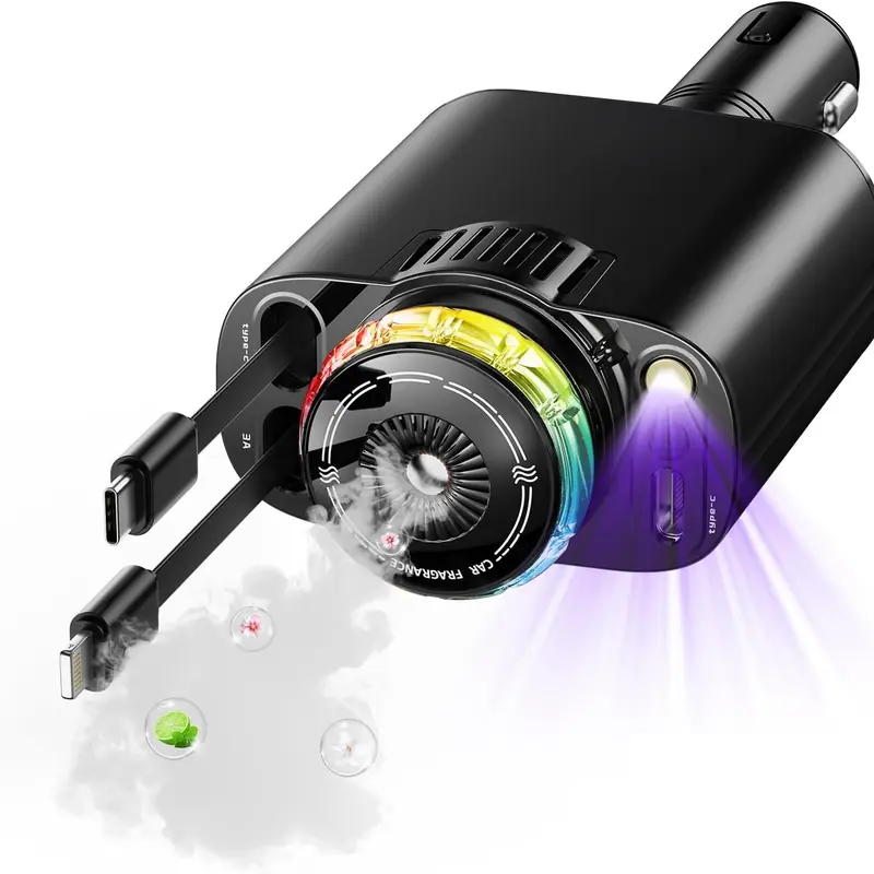 Aromatherapy 5 in 1 Retractable Car Charger with Starlight, USB C Car Charger Adapter and 2 USB Ports, Aroma Starry Sky Car Air Freshener Diffuser Fast Charging Compatible with iPhone 16 15 14 13 12