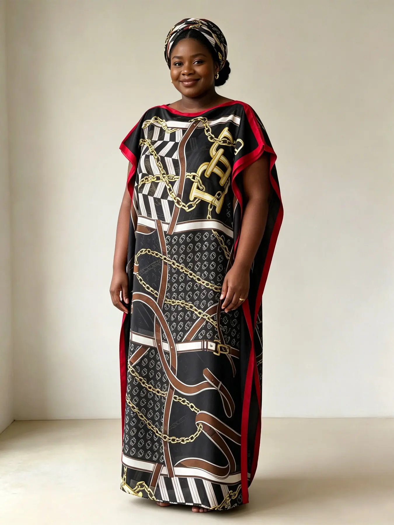 Baroque Chain Print Chiffon Kaftan Dress, Lightweight and Breathable, Elegant Summer Dress, Perfect for Warm Weather