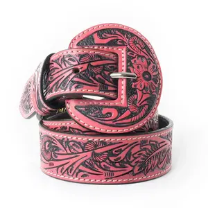 Women's hand tooled leather Belt In Red