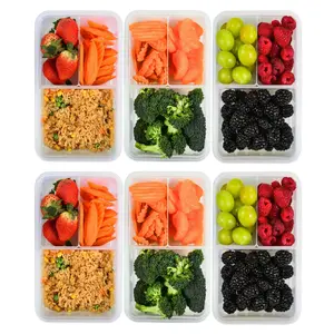 Bento Lunch Box Meal Prep Containers, 39 OZ - 3 Removable Compartments - PACK OF 6 Stylish Plastic Food Storage Containers with Airtight and Leakproof Snap-Locking Lids for Kids and Adults, Reusable Tableware Food Prep