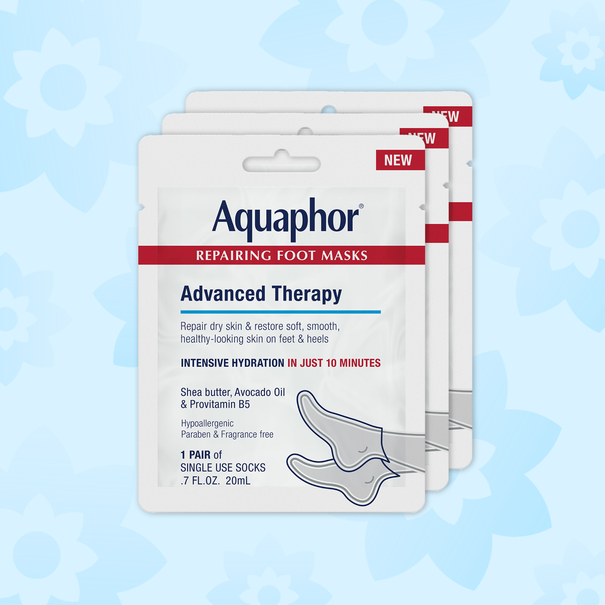 Aquaphor Repairing Foot Masks for Dry Feet, Moisturizing Socks with Avocado Oil and Shea Butter, 3 Pairs of Socks