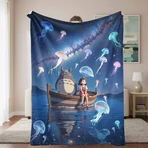 Galaxy Night Fantasy Flannel Blanket， Dreamy Jellyfish and Boat Companionship Print， Ultra Soft Warm Breathable Plush Throw， Perfect for Bedroom Decor， Living Room Sofa， Office Nap， Travel， Gift and Cozy Relaxation