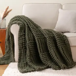 Olive Green Throw Blanket for Couch, Chunky Knit Blanket Throw with Chenille Yarn for Bed Living Room  Decor, 50"x60"