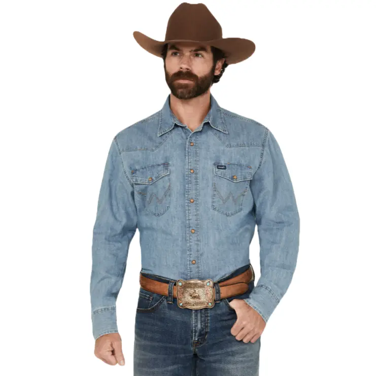 Wrangler Men's Light Wash Denim Snap Button Down Shirt 112361699