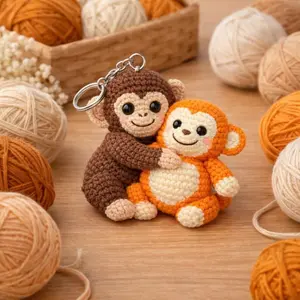 Punch Monkey Crochet Keychain Amigurumi Monkey Hugging Plush Handmade Cotton Yarn Bag Charm Versatile Adorable Gift