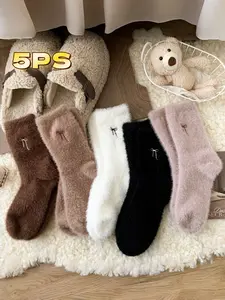 Women's Bow Plush Socks Set, Fall & Winter Vintage Mid-Calf Thick Warm Sleep Socks, Cute Fitted Design, 5 Pairs, Soft Comfy Hosiery