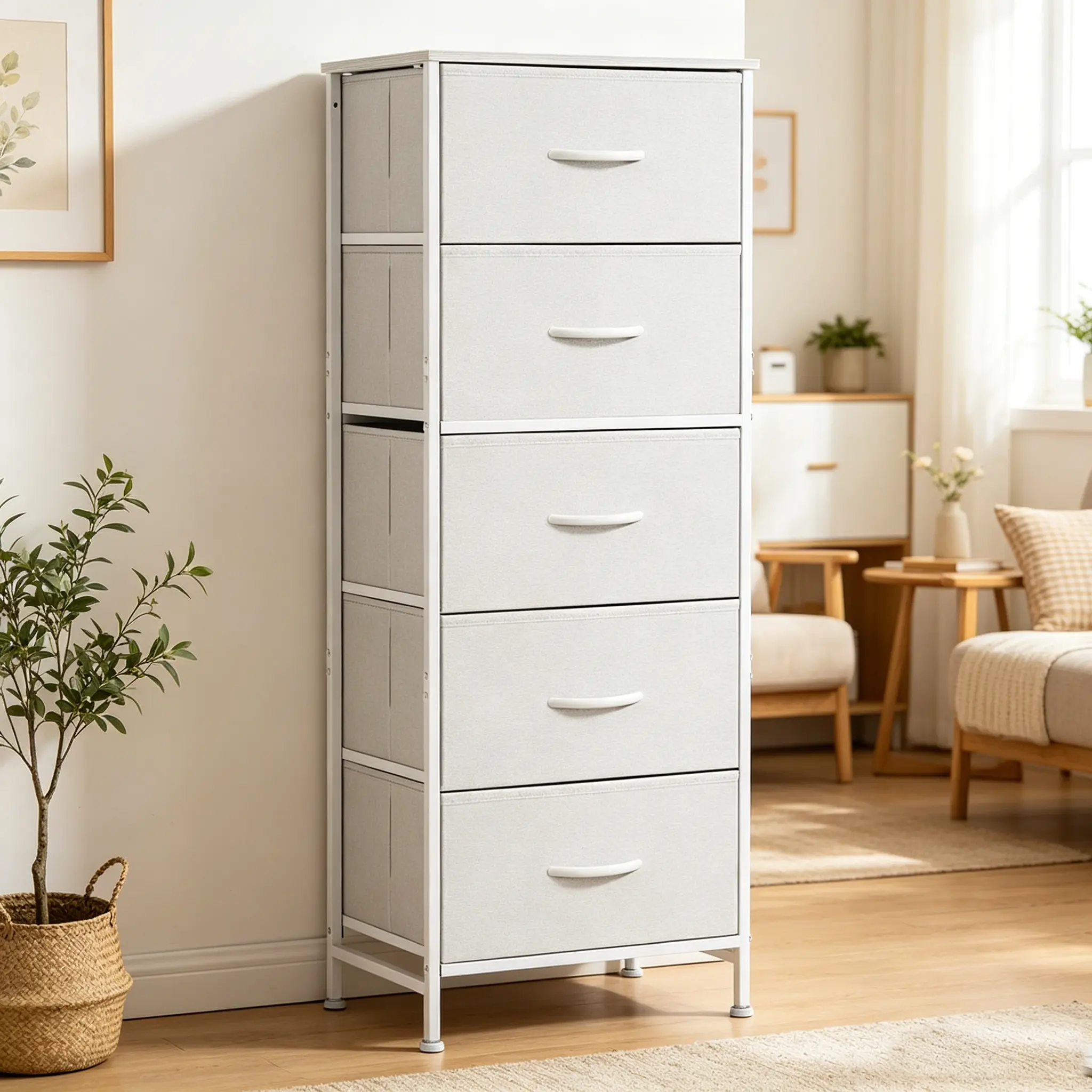5-Drawer Tall Fabric Chest of Dressers - Wood Top, Sturdy Metal Frame, Large Capacity Bedroom Organization Furniture, Fabric Drawers Dresser Cabinet, Furniture Organizer for Bedroom Closet