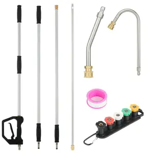 15FT Telescoping Pressure Washer Wand, 3-Section Aluminum Extension Pole with 30° & U-Shaped Curved Lances + Straight Lance, 5 Spray Nozzles, Quick Connect