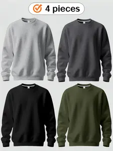 Men's 4-piece long-sleeved round-neck, fleece and thickened sweatshirt set - in multiple colors, large and loose size, fashionable and versatile, suitable for winter commute casual wear, street style and daily wear，Family, parent-child, and couple hoodies