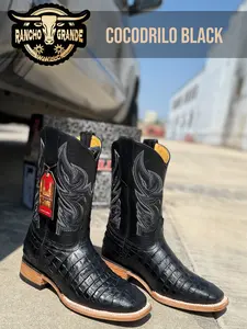 Men's model Black Caiman Belly Leather Boots Square Toe Botas Estilo Cocodrilo Alligator All Seasons