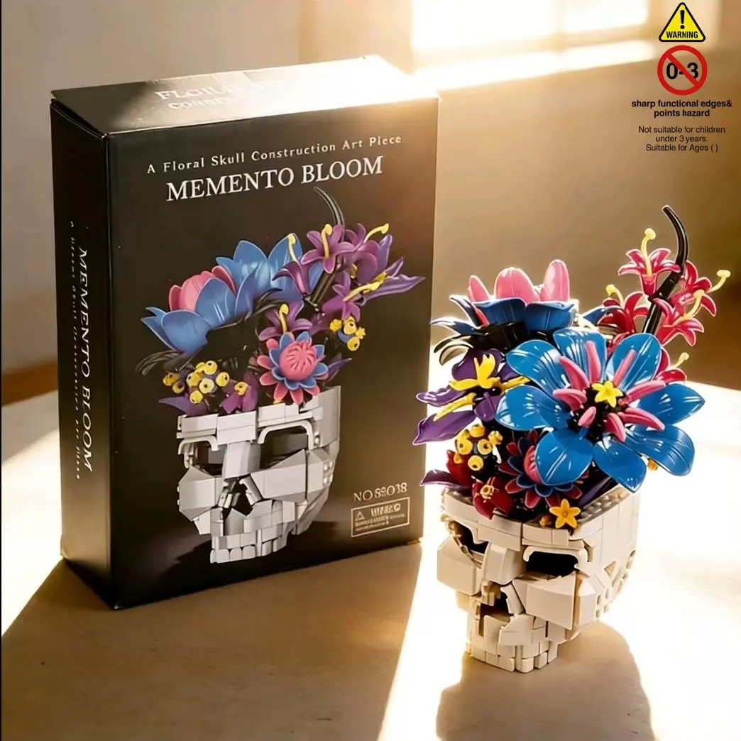 Gothic Skull Flower Arrangement Building Block Model, Flower Bricks, Creative Building Blocks, DIY Home Decor Ornament & Creative Gift, Xinghao B46-39006 Toy, Brick