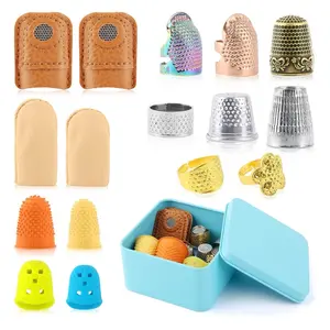 16 Pcs Sewing Thimble with Storage Box, Finger Protector, Leather Thimble, Adjustable Metal Sewing