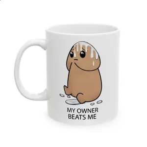 Funny Raunchy Mug “My Owner Beats Me” Cute Emotional Meme Ceramic Coffee Cup 11oz 15oz, Sarcastic Office Desk Gift for Friends Coworkers