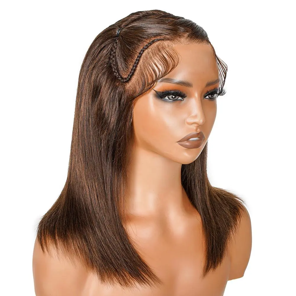 SuperNova #4 Color Human Hair Straight 13*4 Lace Front Ready To Go Pre Braided Bob Wigs #SummerVibes Glueless Frontal Wig