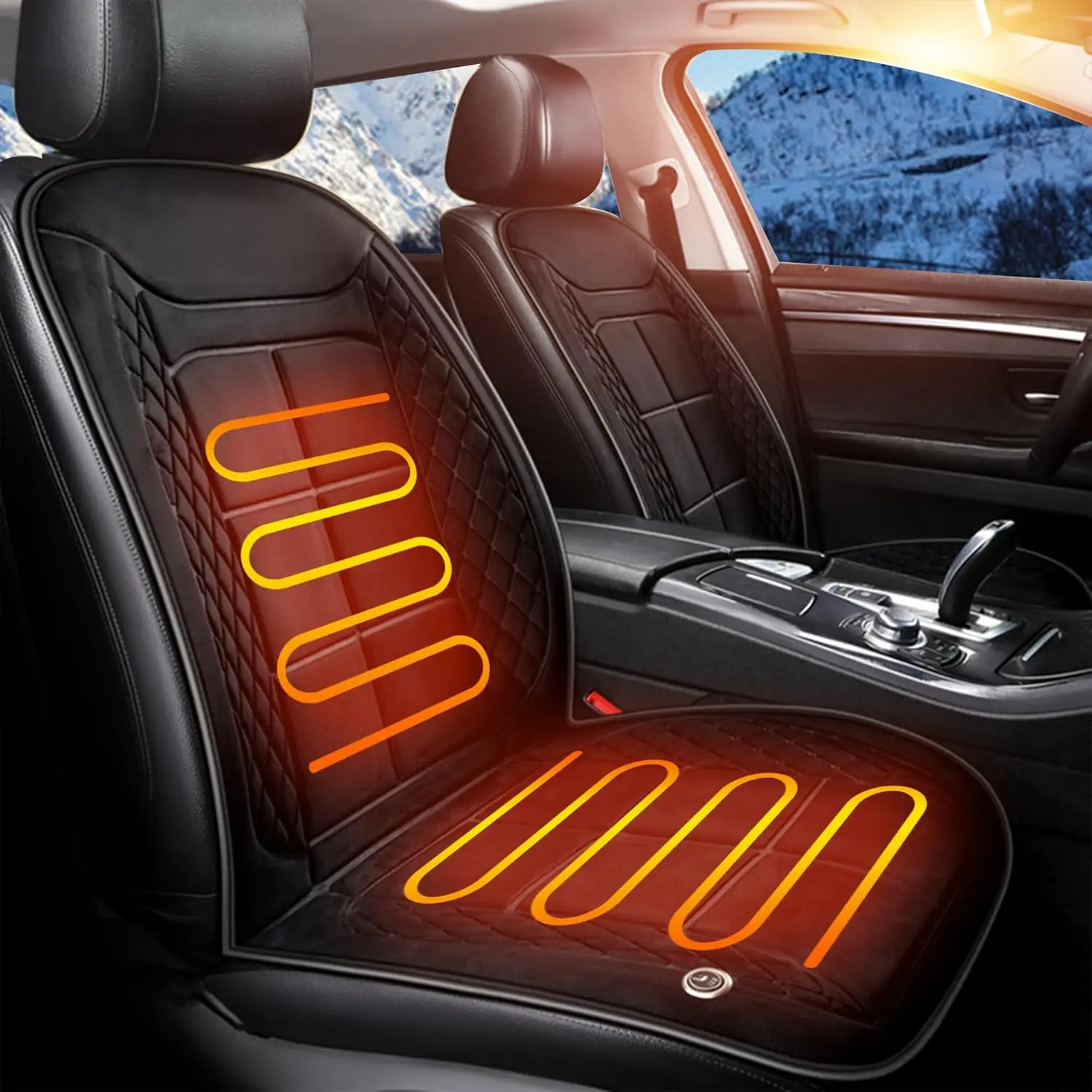 Heated Seat Cover for Winter,12V/24V Heated Seat Cushion with Full Back, HIPS and Thighs Support, Comfortable Black Heated Plush Seat Warmer