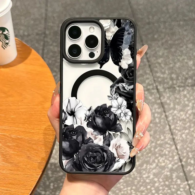 MagSafe-Ready Premium TPU Magnetic Smartphone Case - Aesthetic Black Butterfly Flowers Design for iPhone 11/12/13/14/15/16/17 Pro Max, Anti-Drop Ultra-Thin Waterproof Accessory, Screen Protector Compatible, Cellphone