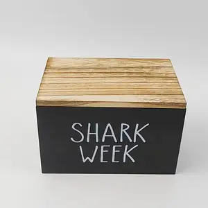 Shark Week Themed Wooden Organizer Box - Softwood Water-Resistant Bathroom Storage With Hinged Lid, Multi-Compartment Durable & Easy-Clean Design For Swabs, Feminine Hygiene Supplies - Black & White Decor, Bathroom Organizers