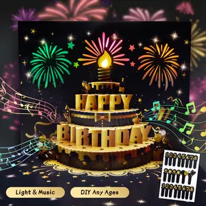 Birthday Gift Card with DIY Number 1-99, 3D Pop Up Birthday Card  with Music, Cake, Firework, Birthday Song, Envelope, Black & Gold Greeting Card