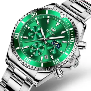 Fashion Brand OLEVS Mens Chronograph Watch Green/Silver 42.5mm Outdoor Watch, Stainless Steel Strap 2870