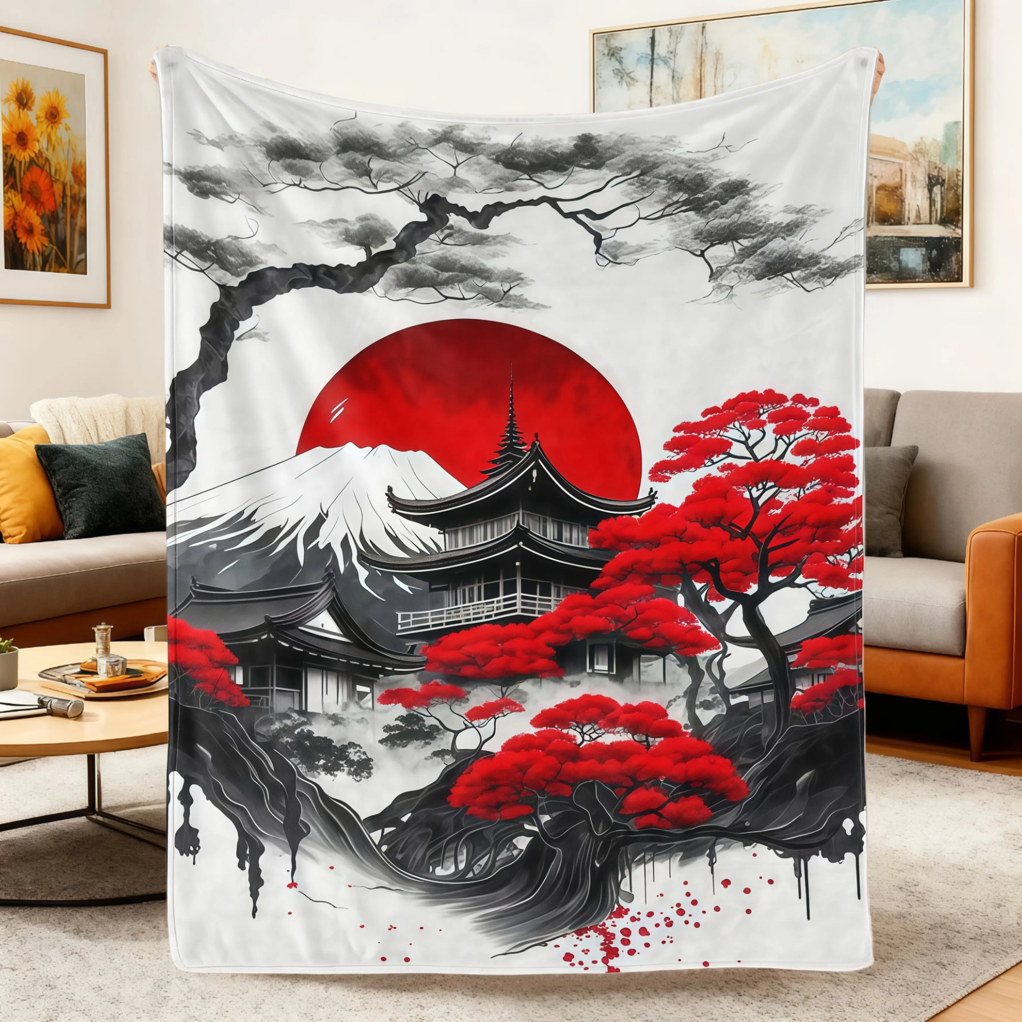 Soft Japanese Cherry Blossom Wave Blanket,Kanagawa Great Wave Throw,Anime Mount Fuji Red Sun Flannel Blanket,Aesthetic Art Blanket for Couch Bed Sofa,Gift Idea