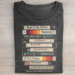 Gildan Men's Short-Sleeve Crew Neck Lightweight T-Shirt - Casual Streetwear Top with Vintage 80s Movie Cassette Tapes Graphic, Back To The Future, The Karate Kid, VHS, Footloose, Mannequin Themes