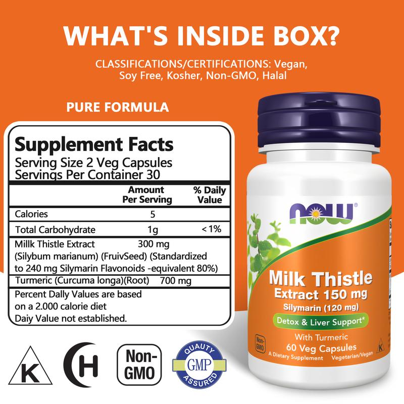 NOW Foods Supplements, Silymarin Milk Thistle Extract 150 mg with Turmeric, Supports Liver Function, 60 Veg Capsules
