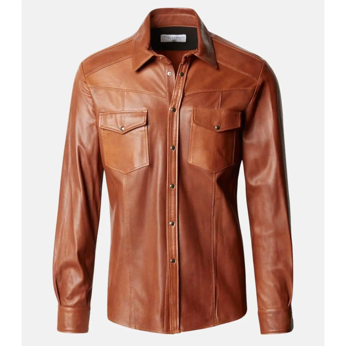 Men's Tan Brown Genuine Leather Shirt with Front Ample Pockets
