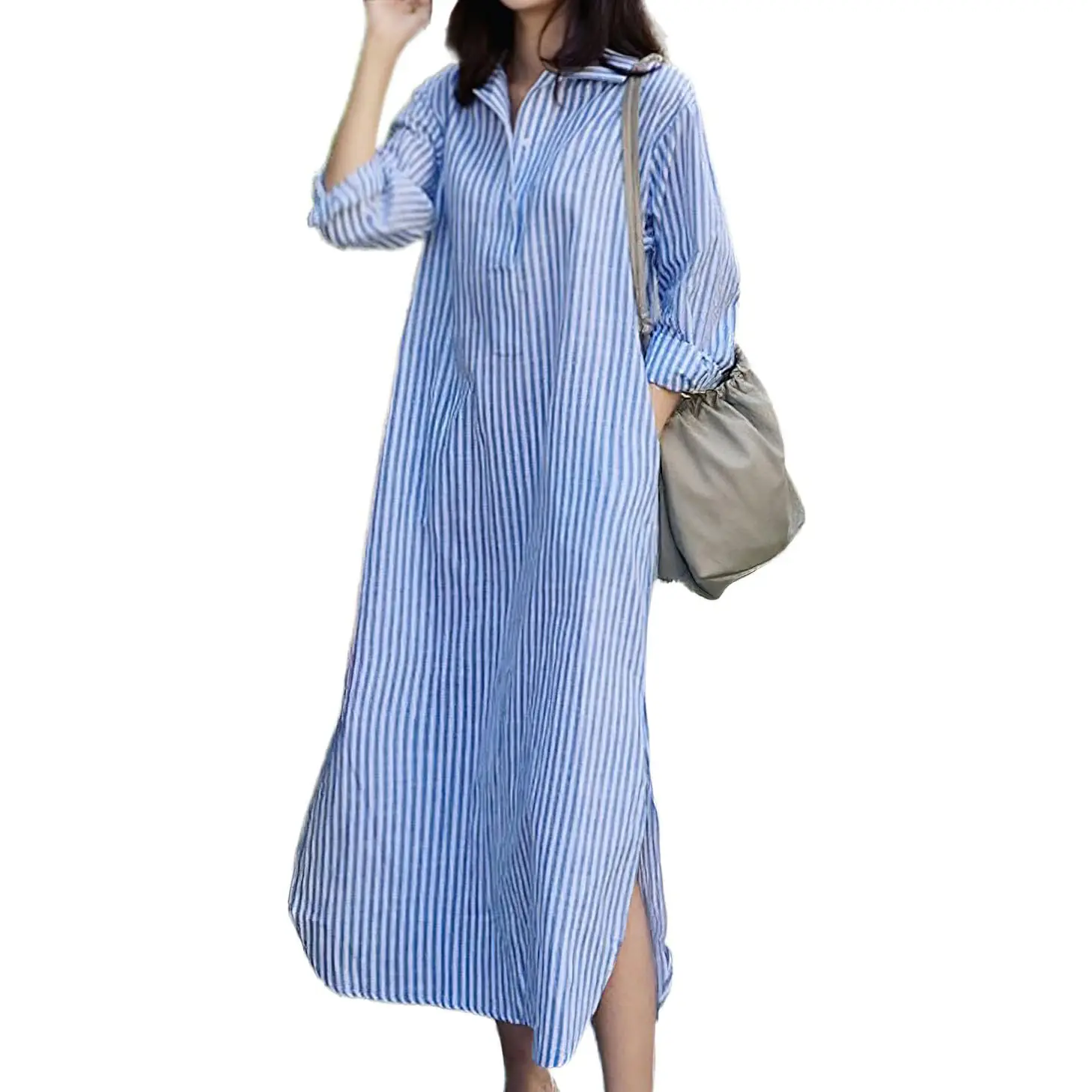 Chouyatou Lady's Comfy Oversized Pullover V-Neck Long Sleeve Cotton Striped Shirt Dress - Long Straight, With Pockets, Suitable for Cocktail Occasions, Breathable, Tunic, Button, Casual, Basic, Business Casual Dresses, Belt, School, Elegant, Lightweight,,