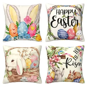 Easter Pillow Set with Easter Theme Rabbit Easter Egg Flower Farmhouse Style Decoration Spring Festival Decoration Cushion Set Suitable for Home Sofa, 4-piece Set with Double sided Printing, Home Textile