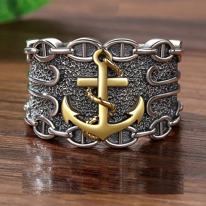 Unisex Adjustable Copper Metal Chain Pattern Anchor Motif U-Shaped Ring - Punk Look Costume Jewelry Accessory for Casual Wear, Hip-Hop Vintage Index Finger Ornament