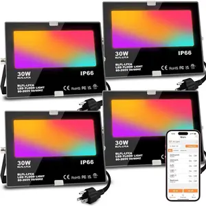 LED Flood Light Outdoor 30W, 300W Equivalent 3000LM  RGB Landscape Lighting with APP Control, DIY Scenes -Timing - Warm White 2700K -Color Changing Uplight, IP66,  Plug, No Remote (4 Pack)