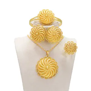 4-piece Dubai Gold-plated Fashionable Designer Large Size Earrings Pendant Ring Bracelet Elegant Jewelry Set Women Gifts