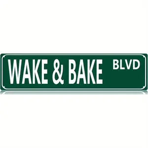 Wake and Bake BLVD lic Tin Plaque 16x4 Inch Vintage Style Fun Street Iron Sign for Home Farmhouse Bar Cafe Garage Indoor Outdoor Gift brown xmas ornat pop-up with Inspirational Quote Wine Wall Art diy paper cat office study room skeleton design decor livi