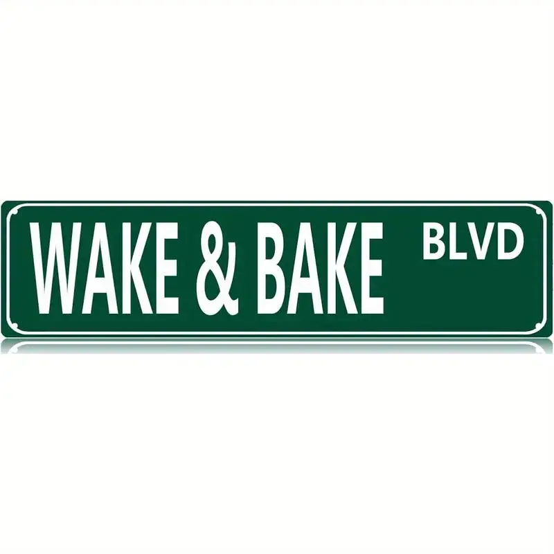 Retro "Wake & Bake Blvd" Funny Tin Street Sign Plaque - Casual Funky Waterproof Green Home Decor Wall Decoration - Chill Vibe Gift for Boyfriends - Kitchen Man Cave Decor