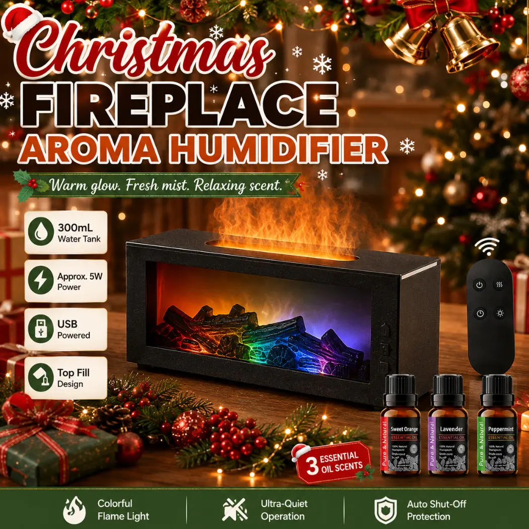Fire Humidifier Aroma Diffuser with 7-Color LED Flame Effect, Remote Control & Cool Mist, Christmas Flame Lamp for Home Decor, Holiday Decorations & Cozy Ambiance
