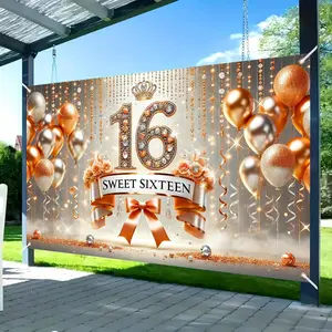 16th Happy Birthday Banner - Large 71x43 Inch 16th  & Orange Sparkle Backdrop for Teens, Yard Sign, Birthday Decorations