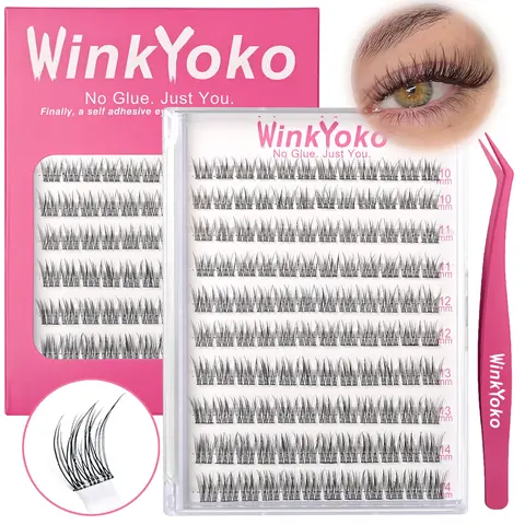 Self Adhesive Natural Lash Clusters  with Tweezers-Fishtail Styles, WinkYoko No Glue Needed Beginner Friendly Lashes, C Curl Diy Lash Extension, 10-14mm Mixed Length Individval Eyelash Extension, Pre-Glued Long Lasting Lightweight Wispy Cat Eye Look