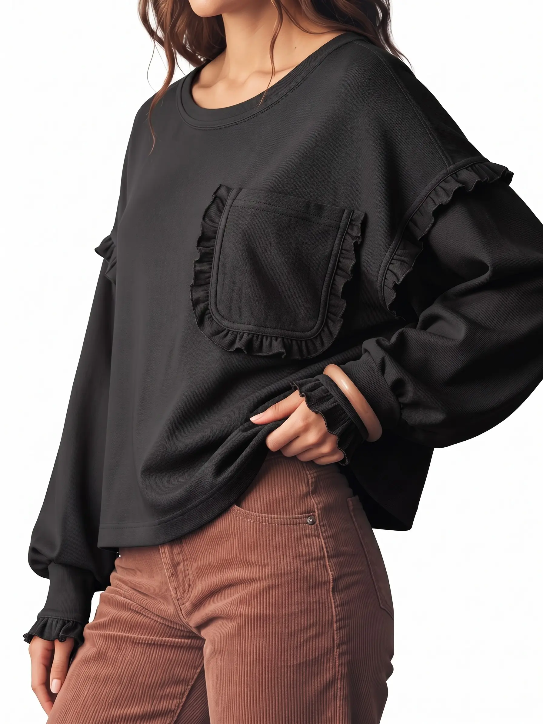 Shewin Women's Polyester Sweatshirt, Round Neck, Ruffle Trim, Long Sleeve, Flounce Pocket, Baggy Oversize Loose Everyday Casual Pullover with Soft Fabric