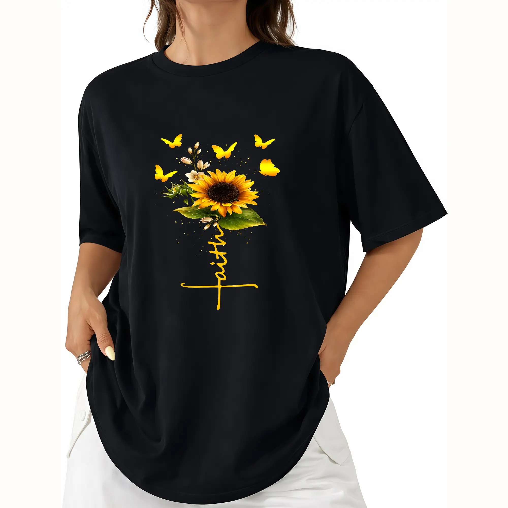 Women's Comfortable Essential Cotton T Shirt Short Sleeve Round Neck Casual Summer Top with Vibrant Sunflower Butterflies Faith Print Perfect for Beach Outdoors and Everyday Style